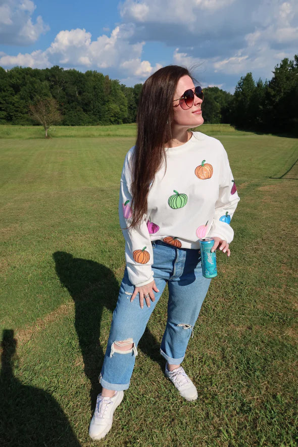 Multicolor Pumpkin Sequin Corded Crews