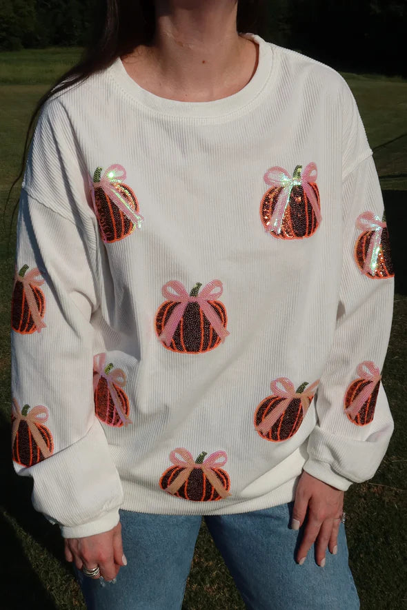 Bow Pumpkin Sequin Corded Crew
