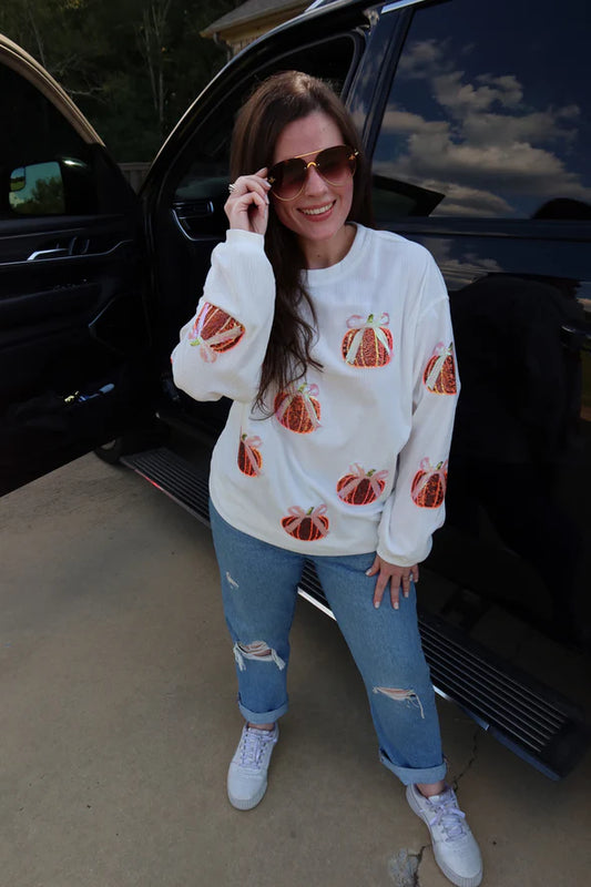 Bow Pumpkin Sequin Corded Crew